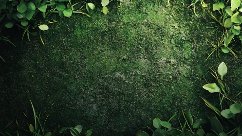 Emerald moss stage framed by wild leaves and quiet light.