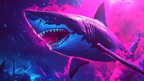 Neon cyberpunk shark charges forward through glowing clouds