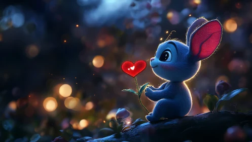 Charming Blue Creature Holds a Heart Bloom