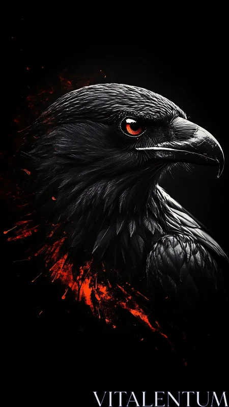High-contrast raven portrait with red splatter accents