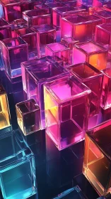 Colorful glass cubes in neon gradient abstract 3D scene.