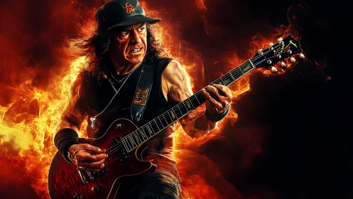 Fiery rock guitarist shreds electric solo in molten blaze.