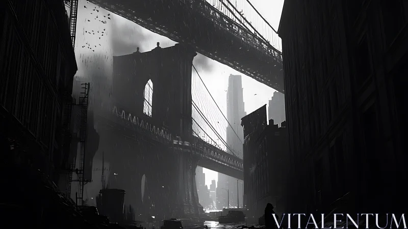 Monochrome urban bridge corridor in dense highrise skyline.