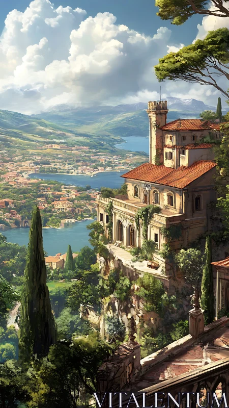 Clifftop villa above sunlit lake and terraced hillside town.
