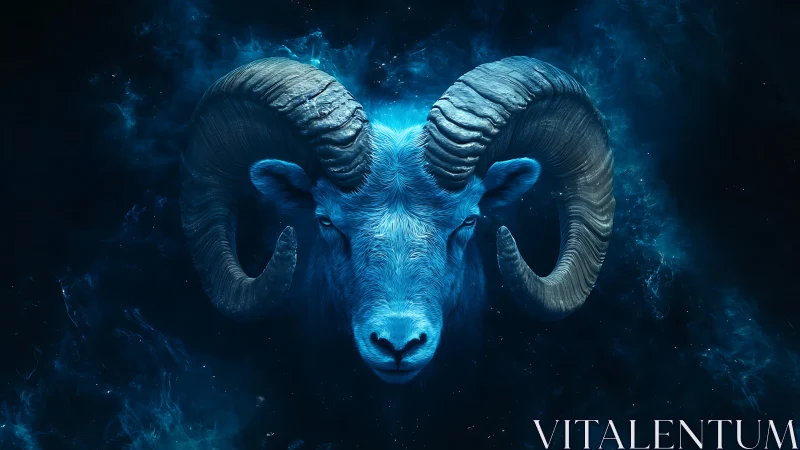 Celestial blue ram portrait in luminous cosmic nebula glow.