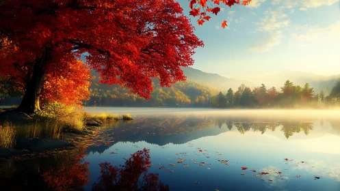 Autumn lake landscape with red tree reflection at sunrise.