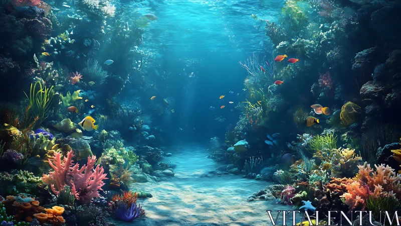 Sunlit coral reef pathway shimmers with gentle ocean life