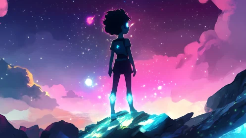 Stargazing silhouette over glowing alien cliffs at dusk.