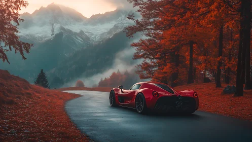 Red sports car on mountain road in dense autumn forest.