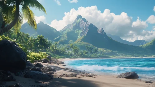 Tropical Paradise: Mountains Meet Golden Beach Shores.