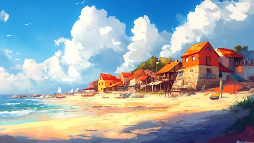 Digital painting of sunlit coastal village beachfront architecture.