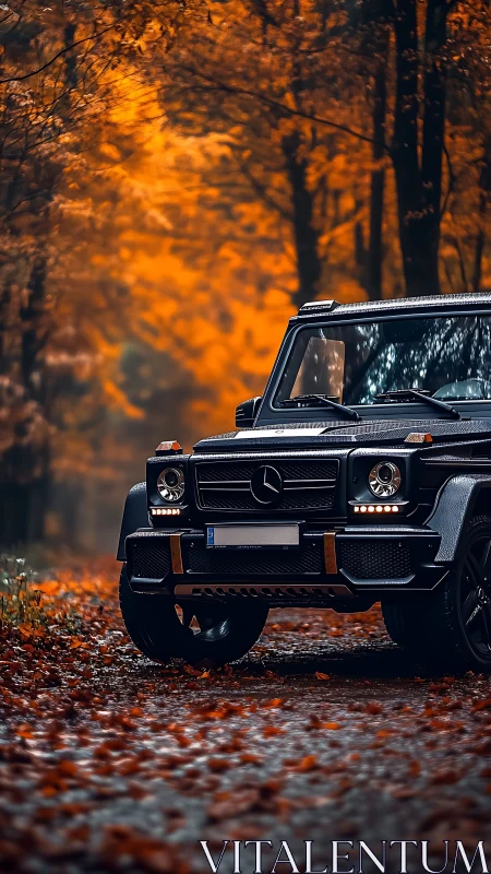 Black SUV stands on leaf covered forest road in autumn
