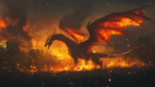 Firelit dragon strides through a blazing twilight landscape.