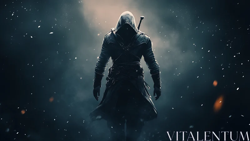 Hooded nightblade strides through embers and swirling ash.