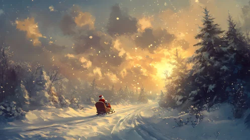 Snow-covered forest path with sleigh at sunset glow.
