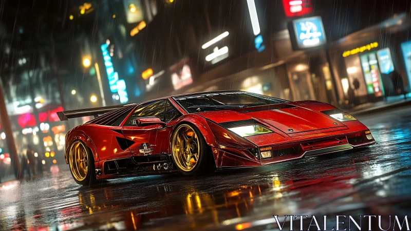 Red sports coupe on wet city street at night in rain.