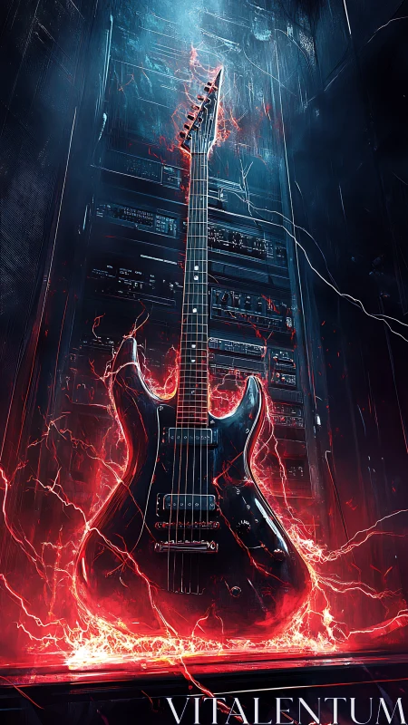 Electric guitar framed by server rack and red energy.