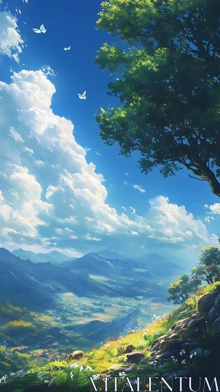 Sunlit valley and butterflies under sweeping summer sky.