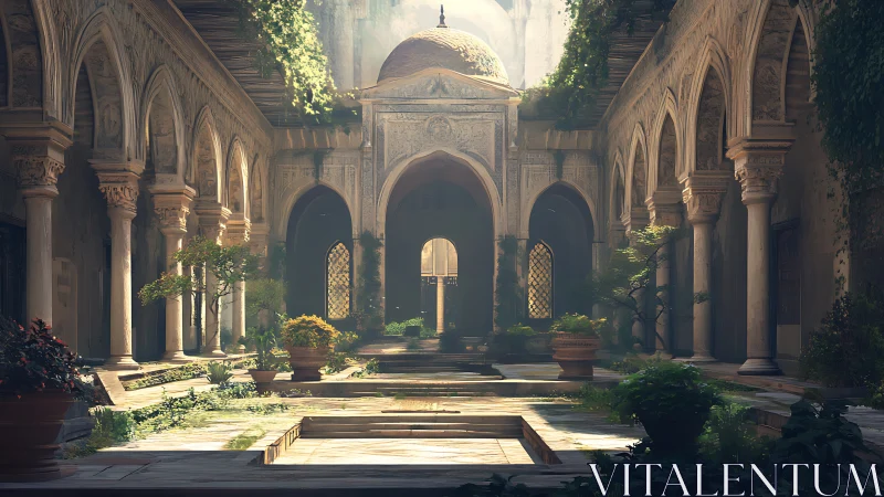 Sunlit Moorish courtyard where ivy and silence conspire.