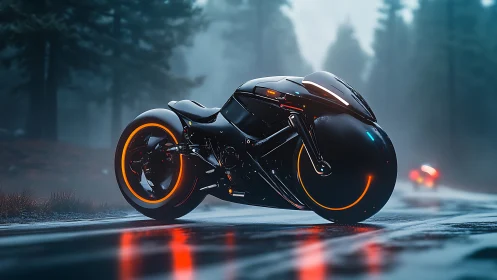 Futuristic neon motorcycle slices through a misty forest road.