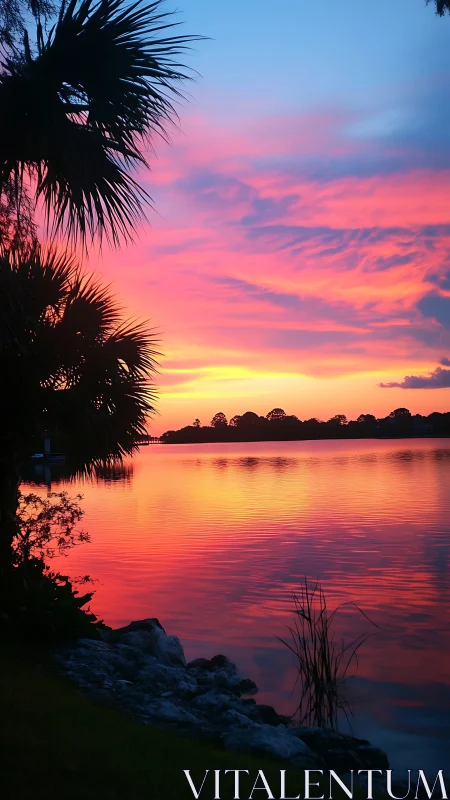 Sunset reflections over palm-framed tropical shoreline.