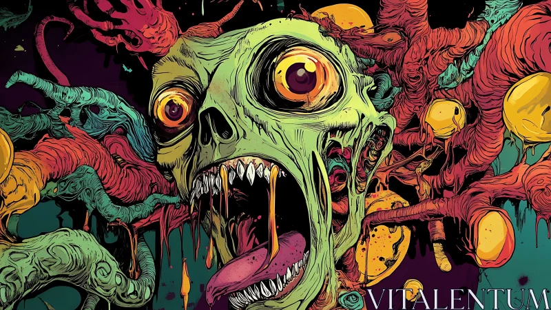 Grotesque neon skull mutates amid chaotic tentacular biomass