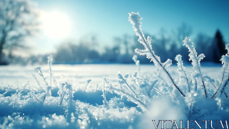 Sunlit winter frost crystals cover frozen meadow surface