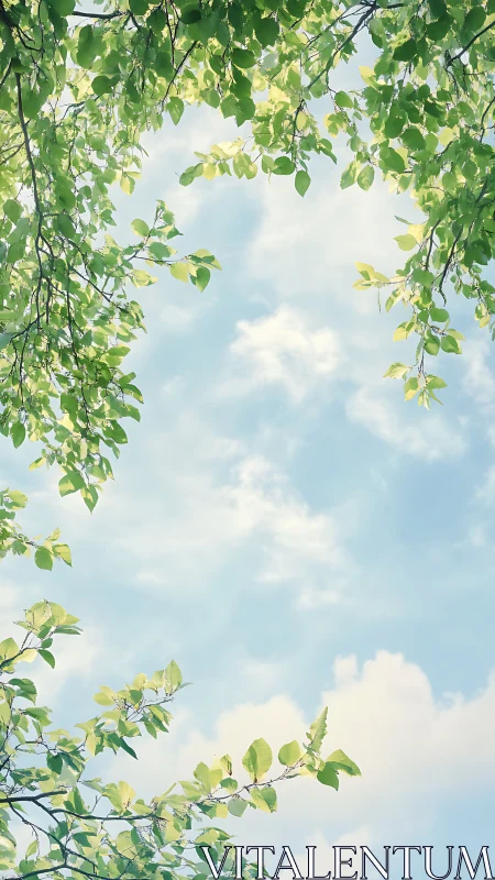 Tree canopy framing soft clouds in bright daytime sky.