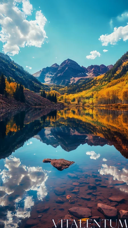 Golden autumn mountains rest quietly beside a glassy lake