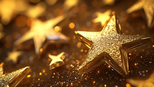 Golden metallic stars on glittering bokeh background.