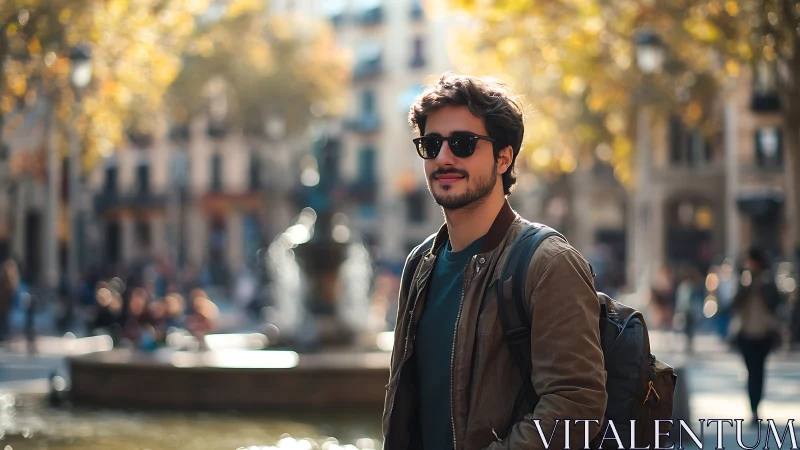 Urban traveler in soft bokeh city square with warm backlight