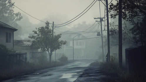 Foggy suburban street sinks into quiet, eerie stillness.