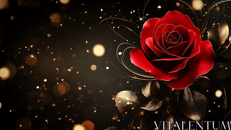 Red rose rendered with metallic accents against dark bokeh background.