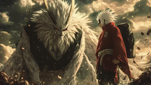 Storm-lit warrior meets towering beast in a charged standoff