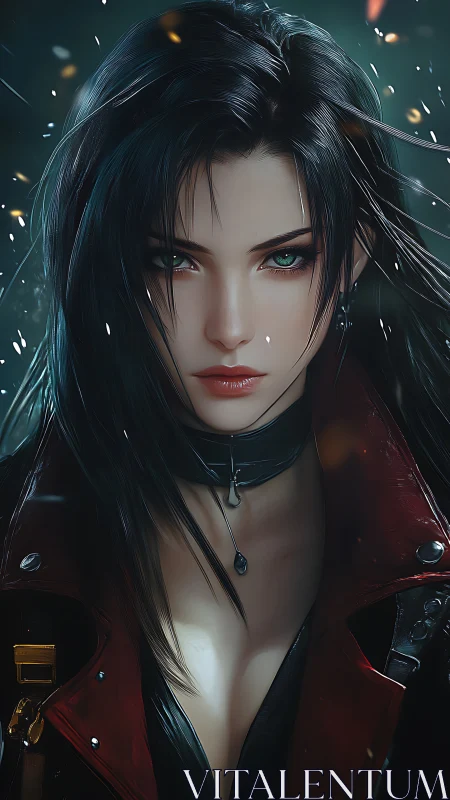 Midnight huntress in crimson leather storms the neon dusk.