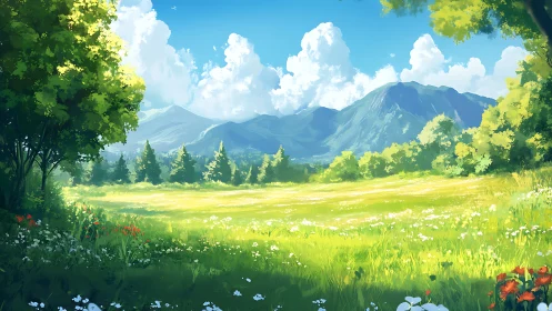 Sunlit alpine meadow with distant blue mountain range.