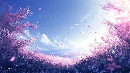 Cherry blossom field under clear blue spring sky.
