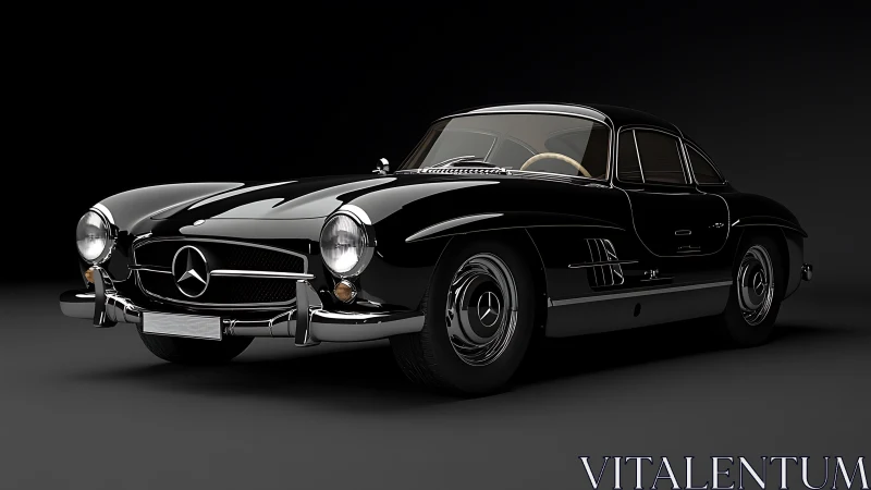 Black classic Mercedes-Benz coupe rendered against dark ground.