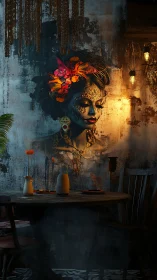 Moody café wall mural of ornate woman in warm light.