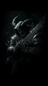 Armored horned warlord grips engraved blade in low key lighting