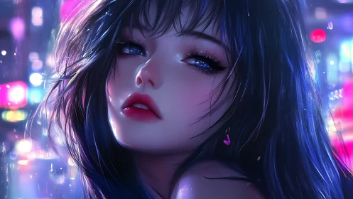 Digital portrait shows close view of girl in neon city lights