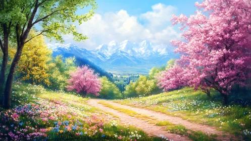 Spring hillside path leads toward distant snowcapped peaks