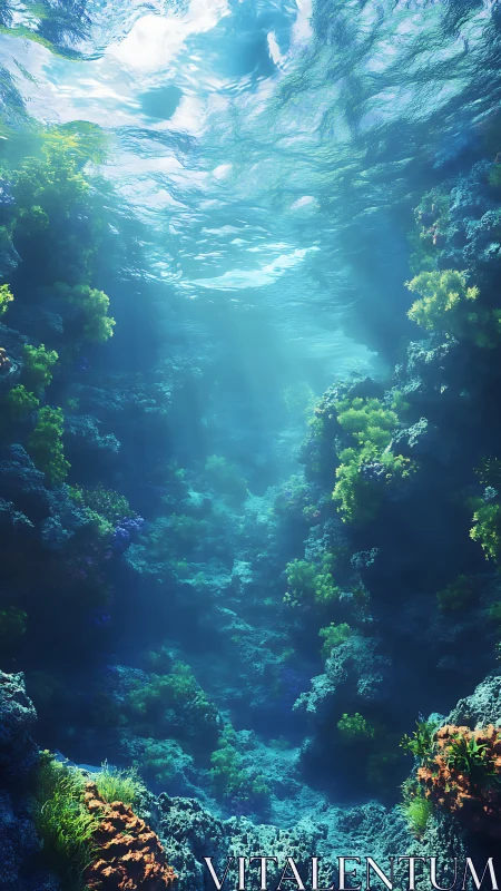 Sunlit digital reef canyon with volumetric underwater haze.