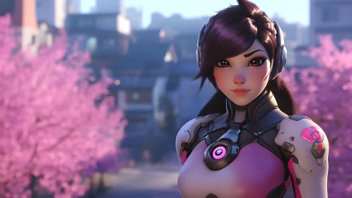 Female sci fi character in armor before pink trees.