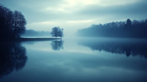 Solitary tree mirrors in mist over a tranquil blue lake
