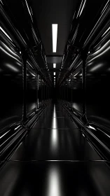 Glossy sci fi corridor stretching into inviting darkness.