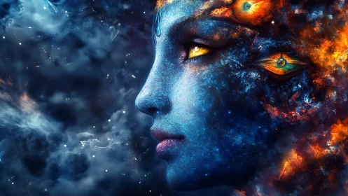 Cosmic blue deity face merges with swirling fiery nebula
