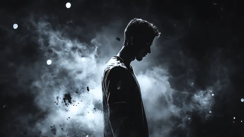 Silhouetted male profile in smoke filled low key scene.