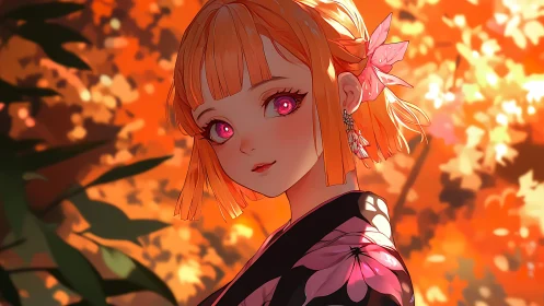 Autumn-lit anime girl with pink eyes and floral kimono gazes back.