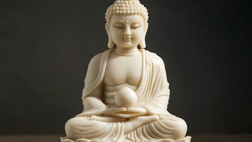 Photorealistic ivory Buddha statue in centered frontal composition.